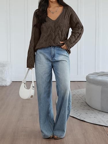 Trendy Queen Oversized Long Sleeve V Neck Cable Knit Sweaters thumbnail 6