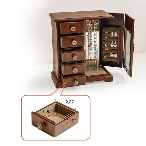 Kendal Wooden Jewelry Box for Women, Solid Jewelry Organizer With 5 Drawer, Jewelry Holder Organizer, Wood Jewelry Case with Butterfly Pattern & Mirror for Necklaces, Earring, Rings (Brown with 5 drawer) thumbnail 5