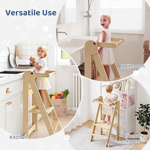 WeeGuruu Foldable Toddler Standing Tower, Height Adjustable Kitchen Tower with Safety Rails and Anti-Slip Device, Wooden Kids Kitchen Stool Helper for Ages 18 Months to 6 Years - Natural thumbnail 9