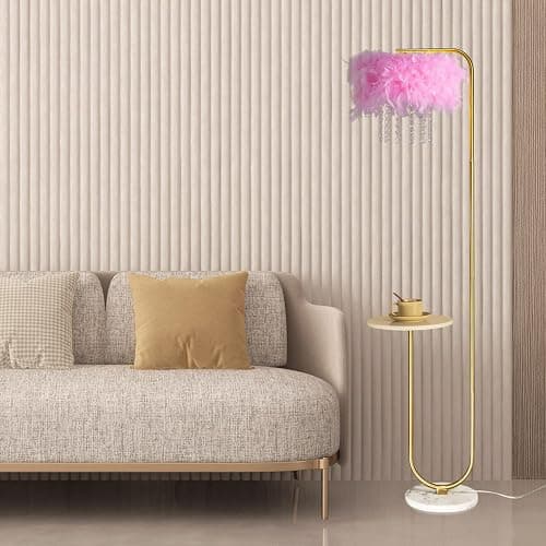 beaysyty Unique Led Pink Feather Floor Lamp with Tray,Ostrich Feather Stand Lamp,Living Room Bedroom Office Shop Window Decoration Lamp,Foot Switch and Brass/Gold Finish Arc Floor Lamp thumbnail 4