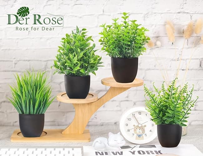 Der Rose Fake Plants 4 Packs Artificial Plants Small Faux Plants Black Bathroom Accessories for Halloween Bathroom Home Kitchen Coffee Table Office Desk Decor Indoor - Green - 4 thumbnail 4