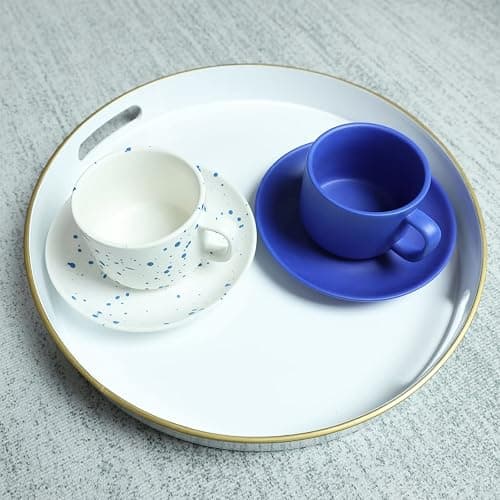Spsyrine Round White Decorative Tray, 13" Plastic Serving Table Tray with Handles for Breakfast, Round Modern Ottoman Tray for Coffee Table, Bathroom, Kitchen, Living Room thumbnail 4