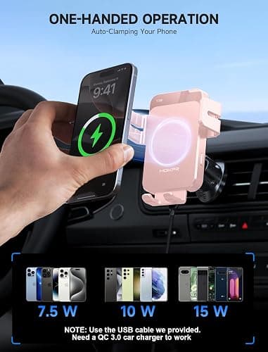 MOKPR Wireless Car Charger, 15W Auto Clamping Car Charger Dash Windshield Air Vent Phone Holder Compatible with iPhone 17 16 15 14/13/13 Pro/12 pro/12/11/X/8, Samsung S24/S23/S22 -Pink thumbnail 5