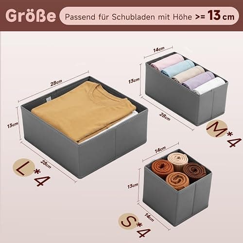 Sekey Schubladen Organizer, Schubladenbox für Malm Kommode, Stoff-Aufbewahrungsbox als Ordnungssystem für Kleidung, Unterwäsche und Socken – 12er Set, Faltbar, Dunkelgrau thumbnail 2