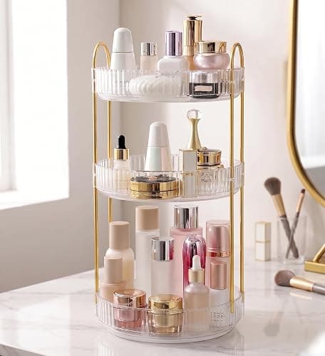 Aveniee Crystal Three-Layer 360° Rotating Cosmetic Stand, Premium Solid Metal Pole Sturdy Construction, Translucent Revolving Beauty Storage Unit for Vanity, Sink or Bathroom Shelf, White thumbnail 4