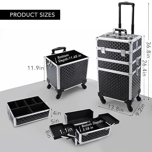 FRENESSA 3 in 1 Rolling Makeup Train Case Professional Cosmetic Trolley Large Storage with Keys Swivel Wheels Salon Barber Case Traveling Cart Trunk for Make Up Hairstylists Nail Tech, Vintage Black thumbnail 2