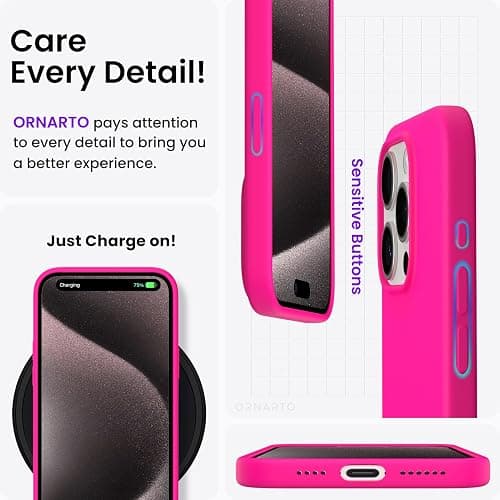 ORNARTO Compatible with iPhone 15 Pro Max Case 6.7", Slim Liquid Silicone 3 Layers Soft Gel Rubber Shockproof Protective Phone Case with Anti-Scratch Microfiber Lining-Hot Pink thumbnail 5