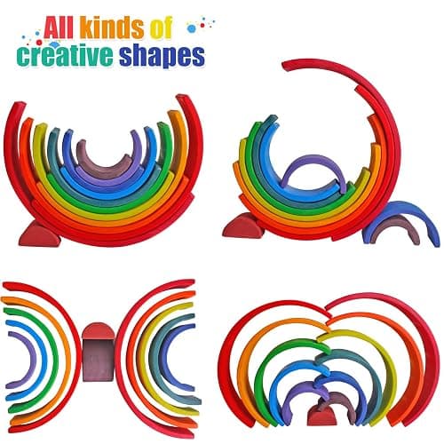 Dinhon Wooden Rainbow Stacking Toys, 12 Pcs Wood Building Blocks Set Wooden Building Blocks Nesting Puzzles, Early Matching Educational Learning Montessori Toys for Kids 3 4 5 6 Years and Up thumbnail 3