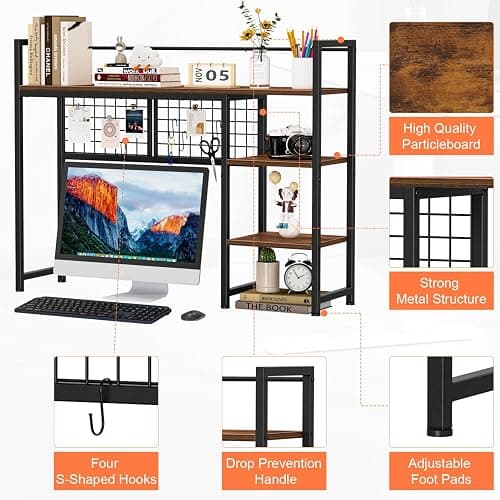 Snughome Desk Shelf, 38.6" Desktop Organizer Shelf, Desk Hutch for Computer Monitor, 4 Tier Desk Display Rack with Pegboard Hooks Set, Wood Desktop Bookshelf for Home Office Dorm thumbnail 8
