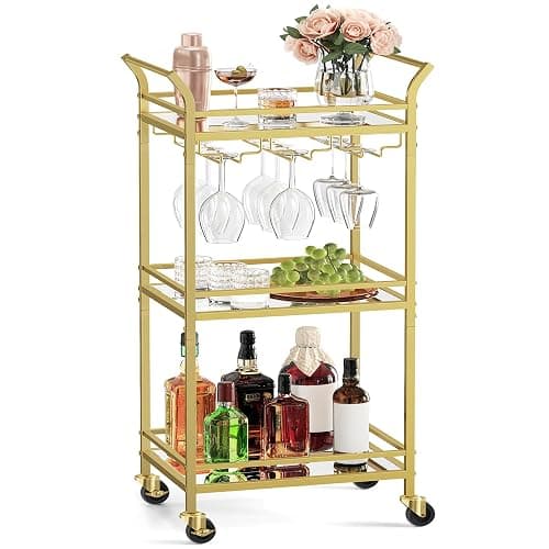 VASAGLE Bar Cart, Home Bar Serving Cart, Small Bar Serving Cart with 3-Tier Shelf, Wine Holders, Glass Holders, Mini Bar Cart for Small Spaces, Kitchen, Dining Room, Living Room, Pale Gold - Image 1