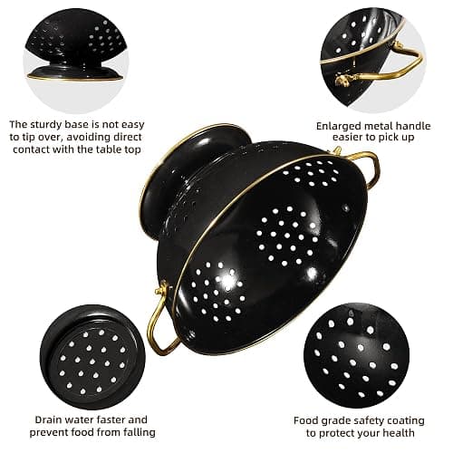 Metal Colander 2 Pack, 3.5 Quart Powder Coated Self-draining Solid Ring Base Metal Large Kitchen Pasta Vegetable Fruit Strainer with Handle (L-BLACK) thumbnail 5