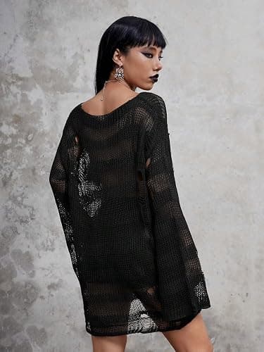 Verdusa Women's See Through Round Neck Drop Shoulder Sweater Long Flare Sleeve Knit Top thumbnail 2