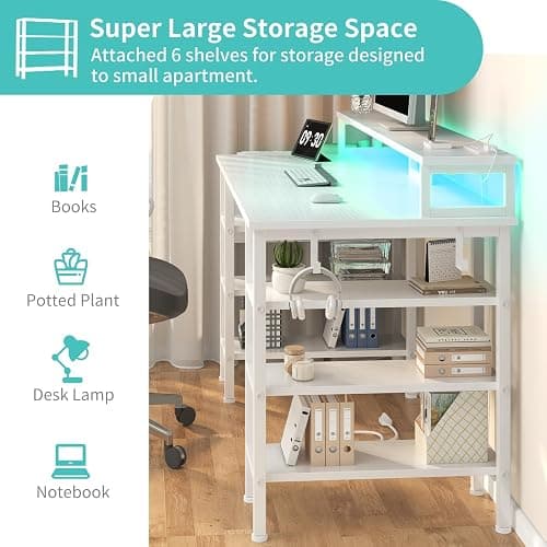 Lufeiya White Desk with Storage Shelves - 47 inch Home Office Gaming Desk with Monitor Stand, Computer Desk with LED Lights and Power Outlets, White thumbnail 4