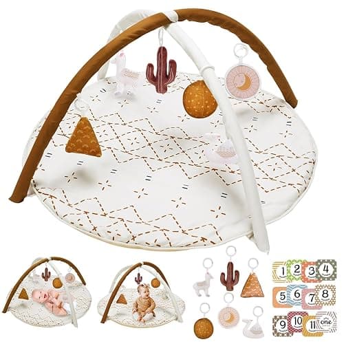 Baby Play Mat, Macrame Activity Gym Stage-Based Sensory and Motor Skill Development Language Discovery Baby Play Gym and Playmats for Newborn with 6 Featured Toys Thicker and Non Slip Mat - Macrame - Image 1