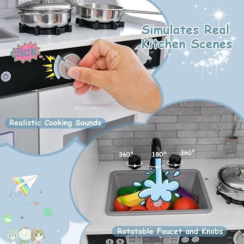 HONEY JOY Kids Kitchen Playset, Wooden Little Chef Pretend Toy Kitchen Set w/Chalkboard, Telephone, Utensils, Oven, Microwave, Sink, Storage, Play Kitchen for Toddlers, Gift for Boys Girls, White thumbnail 4