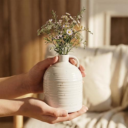 Firehold Ceramic Vase Set of 3, Rustic Home Decor Vases for Modern Farmhouse, White Boho Flower Vases for Shelf, Mantel, Table Decor, Small Decorative Vase for Dried Flowers & Pampas Grass thumbnail 5
