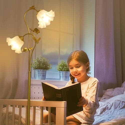 HMVPL Gold Floor Lamp for Living Room, Flower Standing Lamp with 2 LED 5W Blubs, Foot Switch, Floral Tall Lamp with Acrylic Shade, Antique Lotus Flower Floor Lamp for Living Room Office Reading thumbnail 5