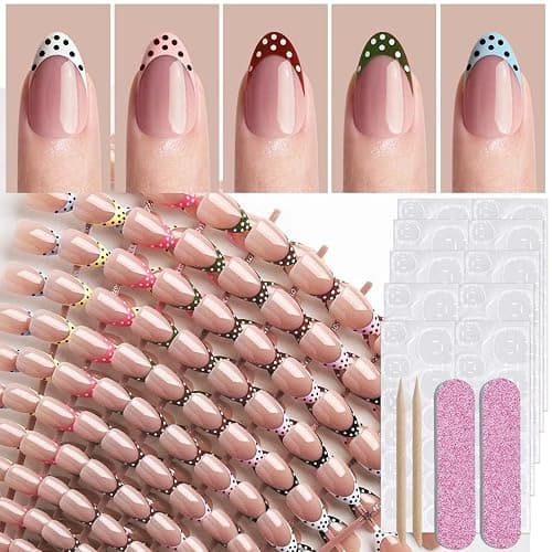 Polka Dot Press on Nails Short Almond Fake Nails 9 Colors French Tip Nails Press ons with Design Reusable Artificial Nail in 12 Sizes Full Cover Stick on Nails for Women Manicure Decorations 216Pcs thumbnail 2