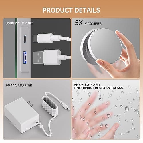 Hasipu Hollywood Vanity Mirror with Lights, 29" x 20" Makeup Mirror with 14 Dimmable LED Bulbs 3 Color Modes & Detachable, 5X Magnifying Glass, Touch Control, USB and Type-C, Tempered Glass thumbnail 6