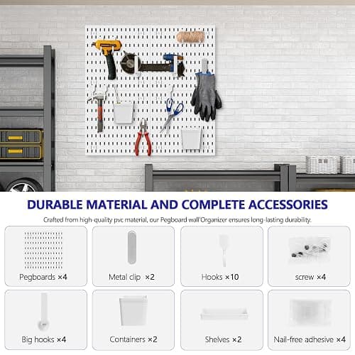 white pegboard wall organizer - skadis peg board panels for desk and wall control - durable pegboard （White, 22″×22″） thumbnail 4