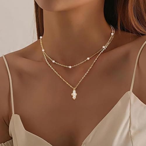PEALICIOUS Gold Cross Necklace for Women, 14K Gold Chunky Necklace Dainty Paperclip Jewelry with Choker Layered Cross Pendant for Trendy Baroque Jewelry, Paperclip Chain Set with Freshwater Pearl thumbnail 2