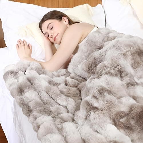 Faux Rabbit Fur Throw Blanket for Couch, Fluffy Warm Plush Thick Bubble Blanket for Bed Sofa Living Room, Soft Cozy Furry Blanket, 50x60 inches, Tie-dye Khaki thumbnail 6