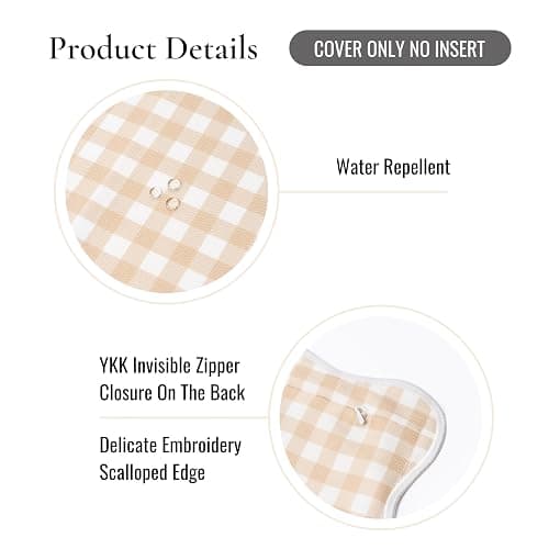 Hofdeco Premium Coastal Hampton Scalloped Patio Indoor Outdoor Lumbar Pillow Cover Only, 12"x20" Water Repellent for Backyard, Couch, Poolside, Neutral Tan Print Gingham thumbnail 6