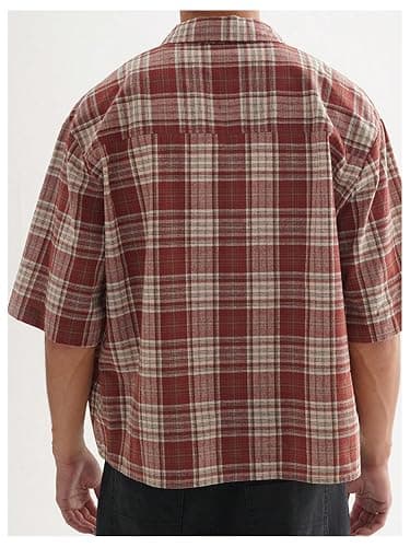GORGLITTER Men's Plaid Cropped Shirt Gingham Button Up Short Sleeve Checkered Vintage Streetwear Crop Tops Tee thumbnail 4