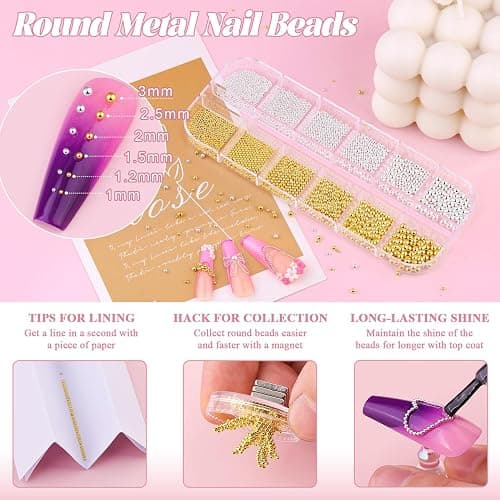 1-3MM Mini Small Nail Beads Metal Caviar Beads Silver Gold Nail Charms and Gems Ball, Nail Balls for Nail Art Accessories Supplies Gold Rhinestones for Women Manicure - 13 Small Silver and Gold Nail Beads thumbnail 2