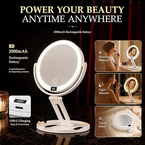 Travel Makeup Mirror with Lights, 1X/30X Double-Sided Magnifying Mirror | Velmelle Foldable Lighted Makeup Mirror with 2000mAh Battery, 3 Lighting Modes, Dimmable Touch Screen & Smart Display thumbnail 7
