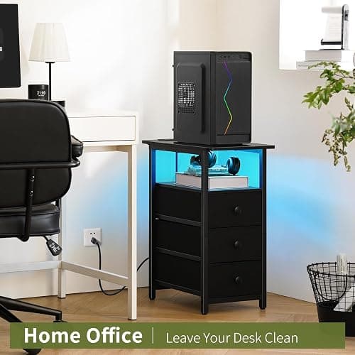 Yoobure End Table with Charging Station, LED Narrow Side Table Bedside Table, Small Night Stand End Tables Living Room, Skinny Nightstand with 3 Fabric Drawers, Side Tables Bedroom for Small Spaces thumbnail 7