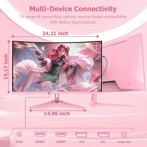 Raywego Pink 27 inch Curved Gaming Monitor 180Hz,FHD 1080P,1800R LED Display,Pink Computer Monitor,1ms (MPRT),FreeSync,Eye-Care Technology, DP, HDMI Port for Gaming Home Office,VESA(75mm*75mm) thumbnail 9