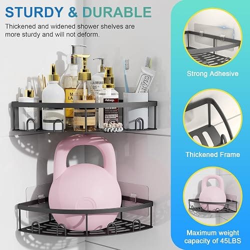 Kerisgo Corner Shower Caddy, 2 Pack Adhesive Bathroom Shower Corner Organizer Shelf, No Drilling Rustproof Wall Mounted Shower Storage Rack Shampoo Holder Organizer (Black) thumbnail 6