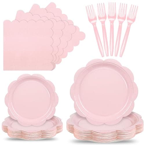 Houuqe 96 Pcs Pink Paper Plates and Napkins Set Party Supplies, Tableware set for 24 Guest include Disposable Pink Scalloped Plates, Napkins and Forks for Baby Shower Bridal Shower Wedding - Image 1