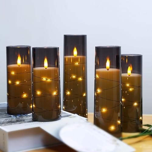 kakoya Flameless LED Candles with Timer 5 Pc Flickering Flameless Candles for Romantic Ambiance and Home Decoration Stable Acrylic Shell,with Embedded Star String，Battery Operated Candles（Grey） thumbnail 5