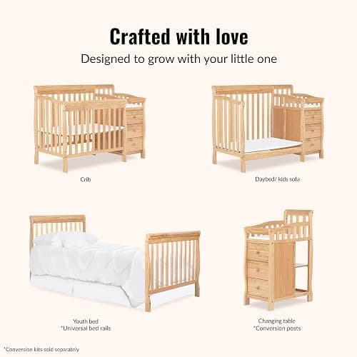 Dream On Me Jayden 4-in-1 Convertible Mini Baby Crib with 3 Drawer Changer | Converts to Daybed & Twin Size Bed, Wooden Crib with Mattress, 3 Adjustable Heights, GREENGUARD Gold & BSA Verified, Natural thumbnail 4