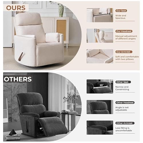 Rhevoy Oversized Swivel Recliner Chair with Massage and Heat, Rocking Chair Nursery with Adjustable Headrest, Rocking Chair Nursery Glider Chairs with 2 Pillows, Glider Rocker Recliner, White thumbnail 7