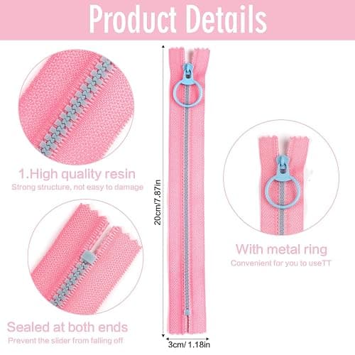 20 Stück Reißverschluss 20cm,3.2cm Breit Harz Reissverschluss | 10 Farben Reißverschlüsse mit Metall Ring für Nähen, Kleidung, Tasche, Handwerk thumbnail 2