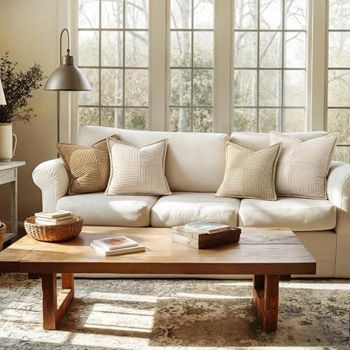 MIULEE Decorative Throw Pillow Covers for Couch Bed Livingroom 18x18 Inch Set of 2 Beige Boho Accent Throw Pllows Broadside Striped Patchwork Soft Corduroy Pillowcases thumbnail 2