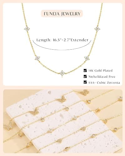FUNEIA Dainty Silver Gold Necklaces for Women Trendy Non Tarnish 14K Gold Plated Cubic Zirconia Necklace Layered Cute Butterfly Heart Station Choker Necklace Stack for Wedding Prom Brides Jewelry thumbnail 5