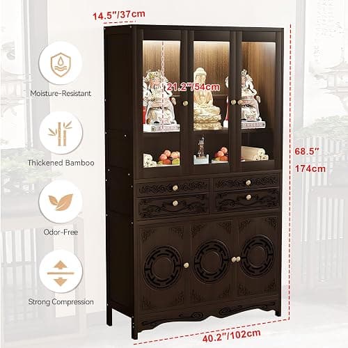 YKLYTBD Bamboo Home Altar Table Cabinet with Acrylic Dustproof Doors, Pull-Out Worship Platform & Storage Shelves, Multi-Tier Buddhist Butsudan Shrine for Meditation Room, Oriental Zen Style thumbnail 2