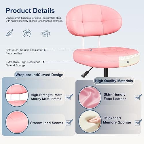 Misolant Vanity Chair with Back, Small Armless Cute Office Chair with Wheels and Lumbar Support, Comfy PU Leather Desk Computer Chairs with Adjustable Height, 360°Swivel for Home Bedroom Office, Pink thumbnail 5