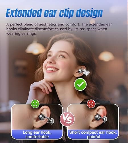 King Lucky Open Ear Earbuds Clip on Wireless Bluetooth 5.4 Headphones with Mic,50H Play,ENC Call,Waterproof,Jewelry Ear Buds,Comfortable for Small Ears&Glasses Wearers,Workouts (03-Black) thumbnail 4