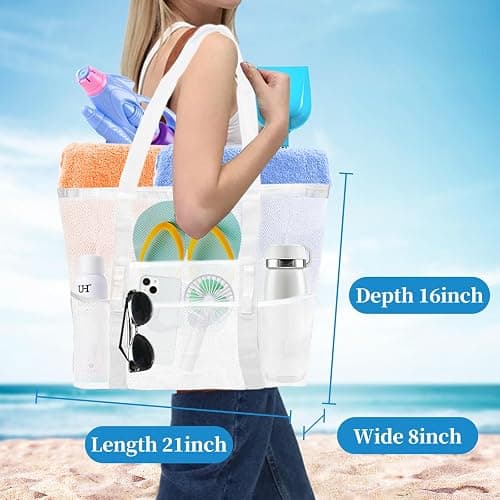 Yunaeduo Large Mesh Beach Bag - Lightweight & Foldable Family Beach Bag with 9 Pockets for Toys, Towels & Vacation Essentials thumbnail 2