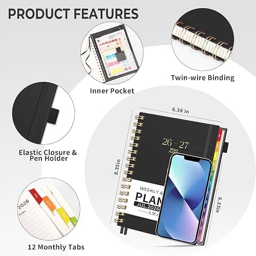 EMSHOI Academic Planner 2026-2027, Weekly and Monthly Calendar (July 2026 - June 2027), School Student Teacher Agenda Book, 100GSM Paper, PVC Cover, Colorful Tabs, A5 (6.38" x 8.35"), Black thumbnail 6