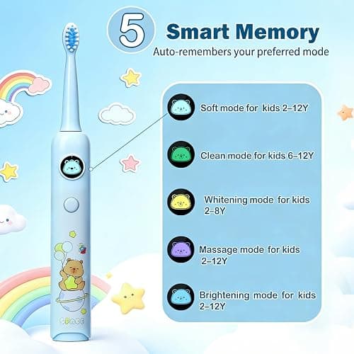 Huedbeads Kids Electric Toothbrush, Sonic Rechargeable Toothbrush with 6 Replacement Heads, Soft Bristle, IPX7 Waterproof, LED Display, Oral Care for Toddlers & Children Aged 2+ Years(Blue) thumbnail 2