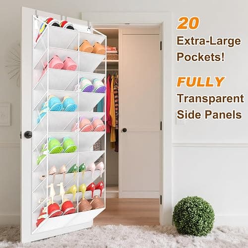 UVIAHOMI 20-30 Pairs Over the Door Shoe Organizer, Clear Pockets Hanging Shoe Storage for Closet, 10-Tier Door Shoes Rack, Handing Shoes Holder Fit All the Family's Sneakers, Boots, Heels, White thumbnail 3