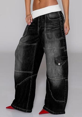 Unybwonn Women Baggy Cargo Jeans High Waist Patchwork Trendy Vintage Denim Pants Wide Leg Distressed Jeans with Pockets thumbnail 4