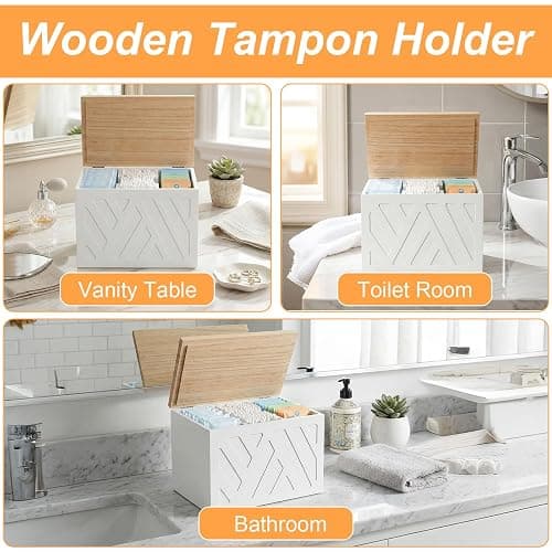 Oqqlin Tampon Holder for Bathroom Storage, Feminine Products Organizer with Lid Wooden Shark Week Tampon Storage for Bathroom, Bedroom, Toilet (White) thumbnail 7