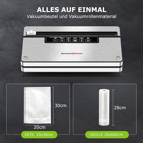 Bonsenkitchen Vakuumierer, 125W Vakuumiergerät mit 5 Modi, 8 L/Min | Globefish-Technologie für Kontinuierliches Arbeiten mit Hoher Geschwindigkeit, 5 Vakuumbeutel und 1 Rollbeutel thumbnail 2